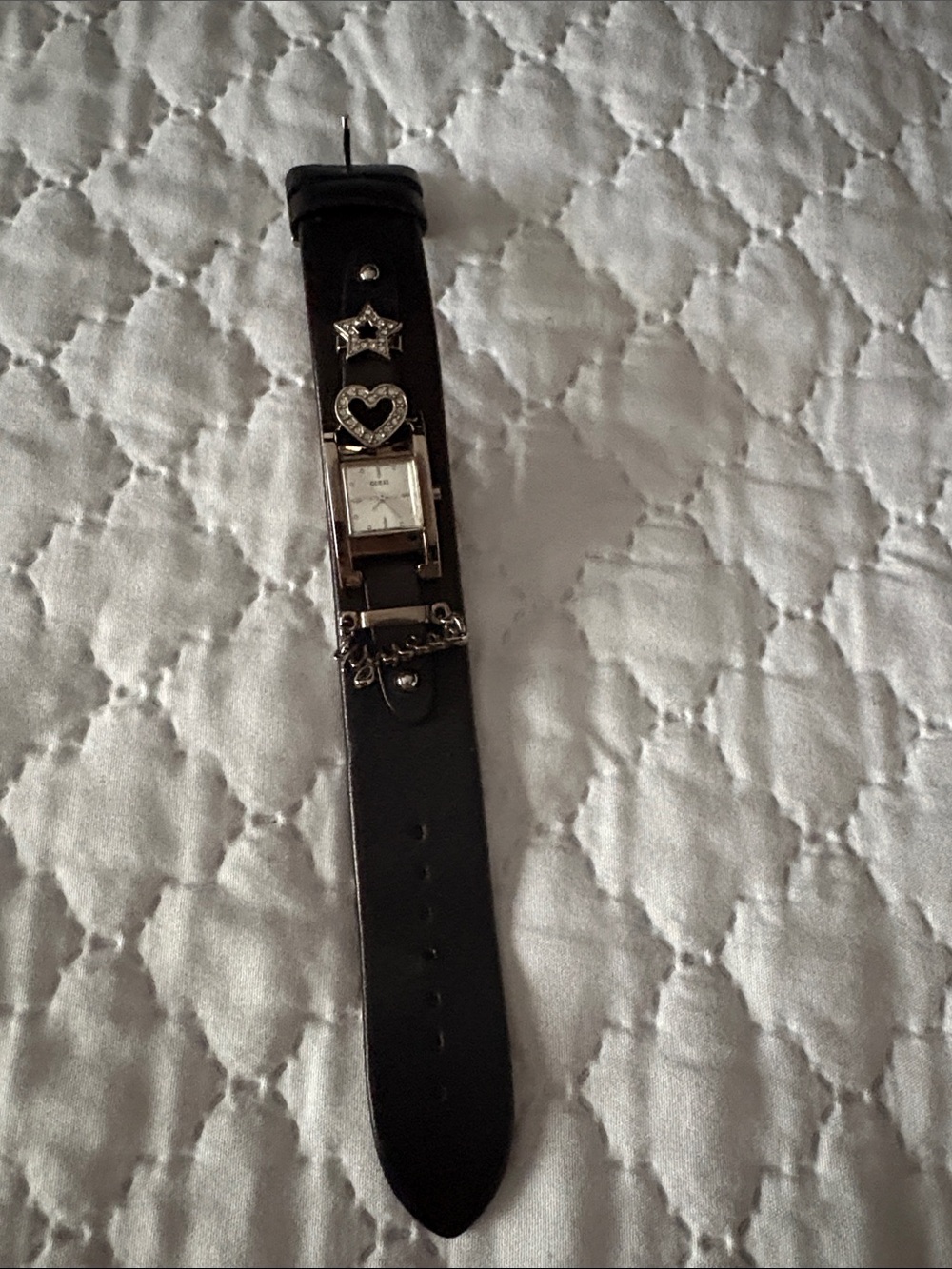 GUESS Black Leather Charm Bracelet Watch with Silver Accents